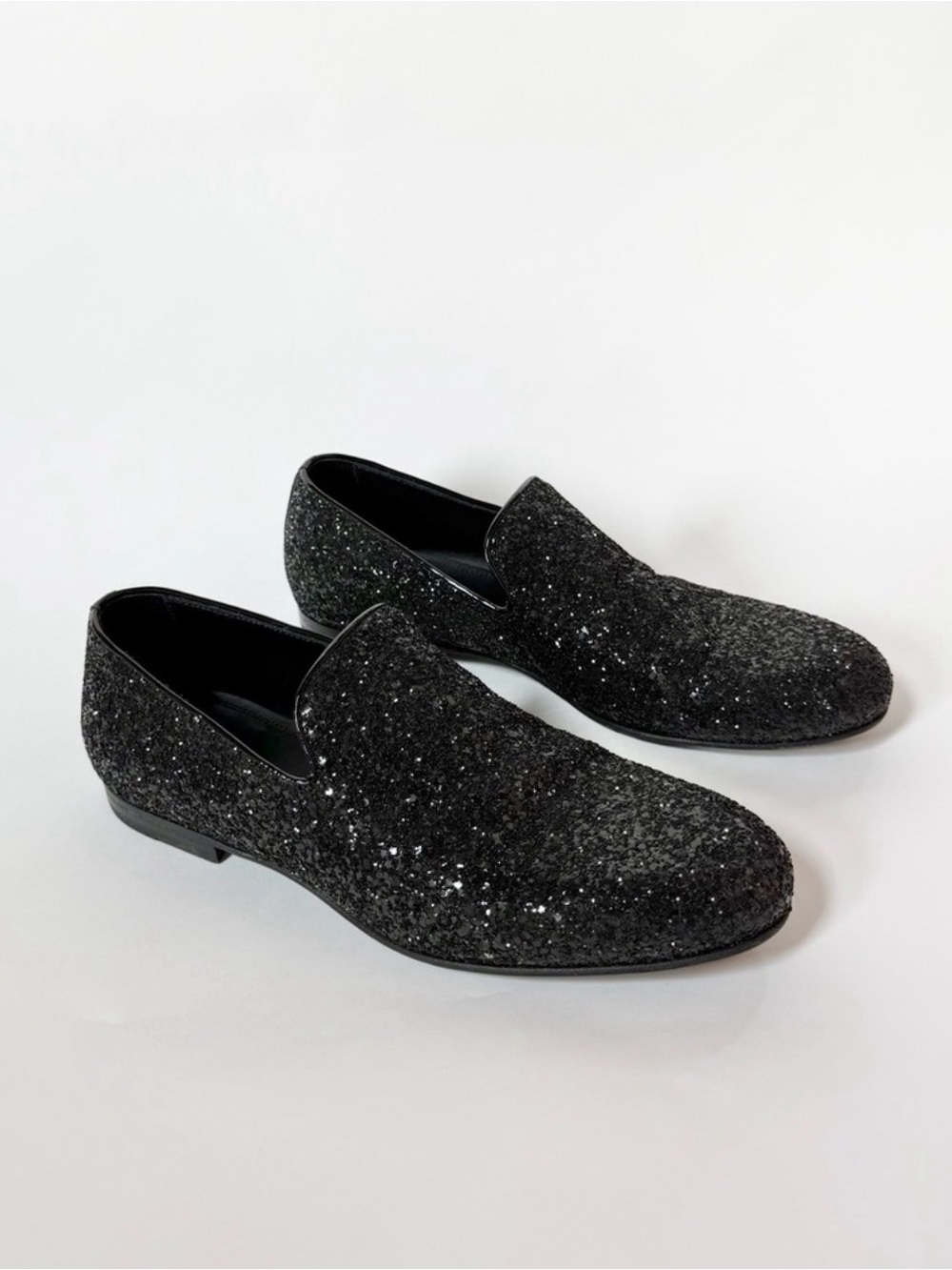 Jimmy Choo Black Glitter Slip On Loafers